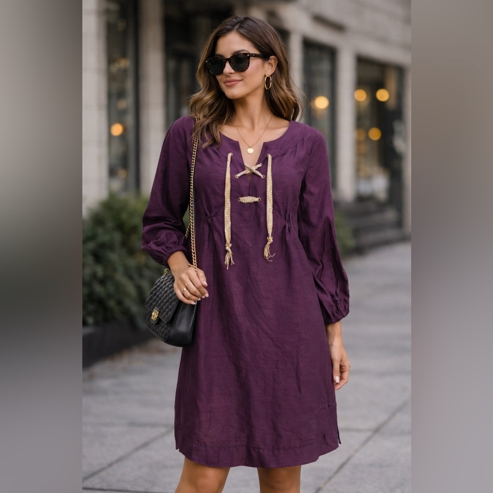 Diane von Furstenberg DVF Linen Tunic Shift Dress Purple Boho Resort Size 4